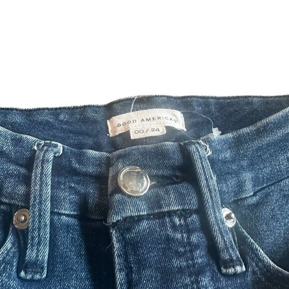 Good American Good Legs Skinny Jeans Frayed Hem Dark Blue Stretch Size 00 24 - Picture 3 of 11